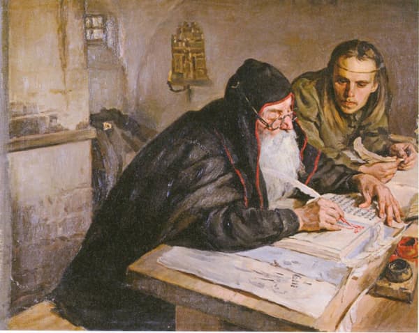 Средневековый монах-переписчик за созданием рукописи
